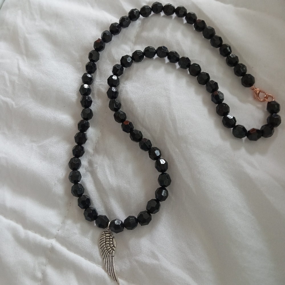 Hand Crafted Black crystal silver angel wing beaded statement necklace